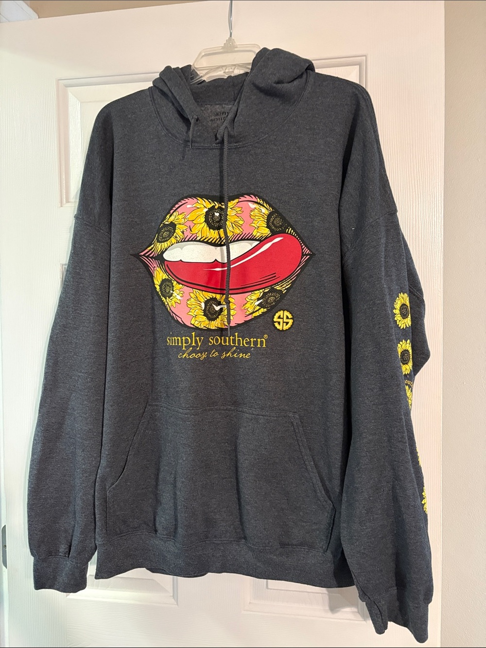 Simply Southern Dark Gray Hoodie with Red & Yellow Floral Lip Graphic